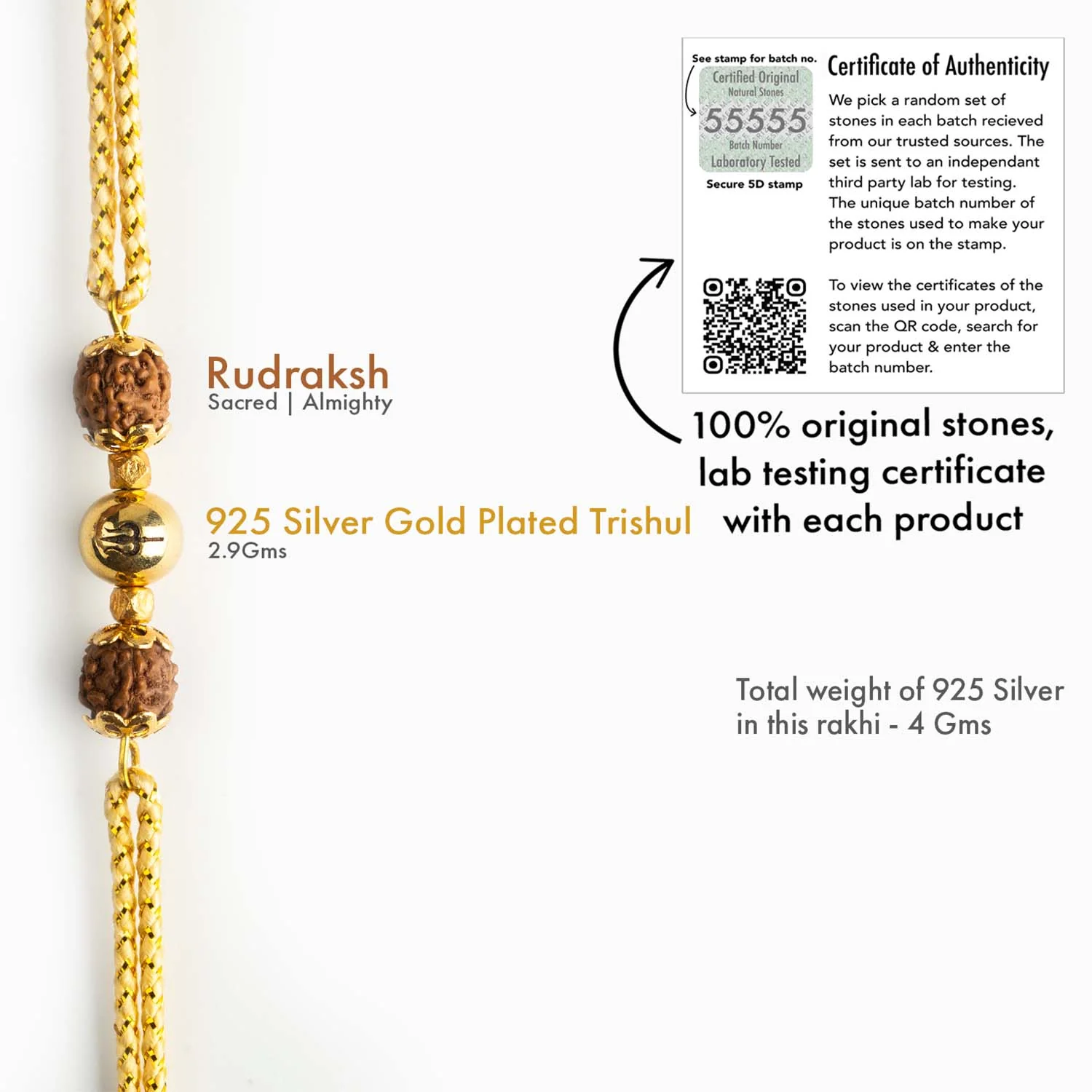925 Sterling Silver Spiritual Rudraksh Trishul Natural Stone Rakhi - Image 3