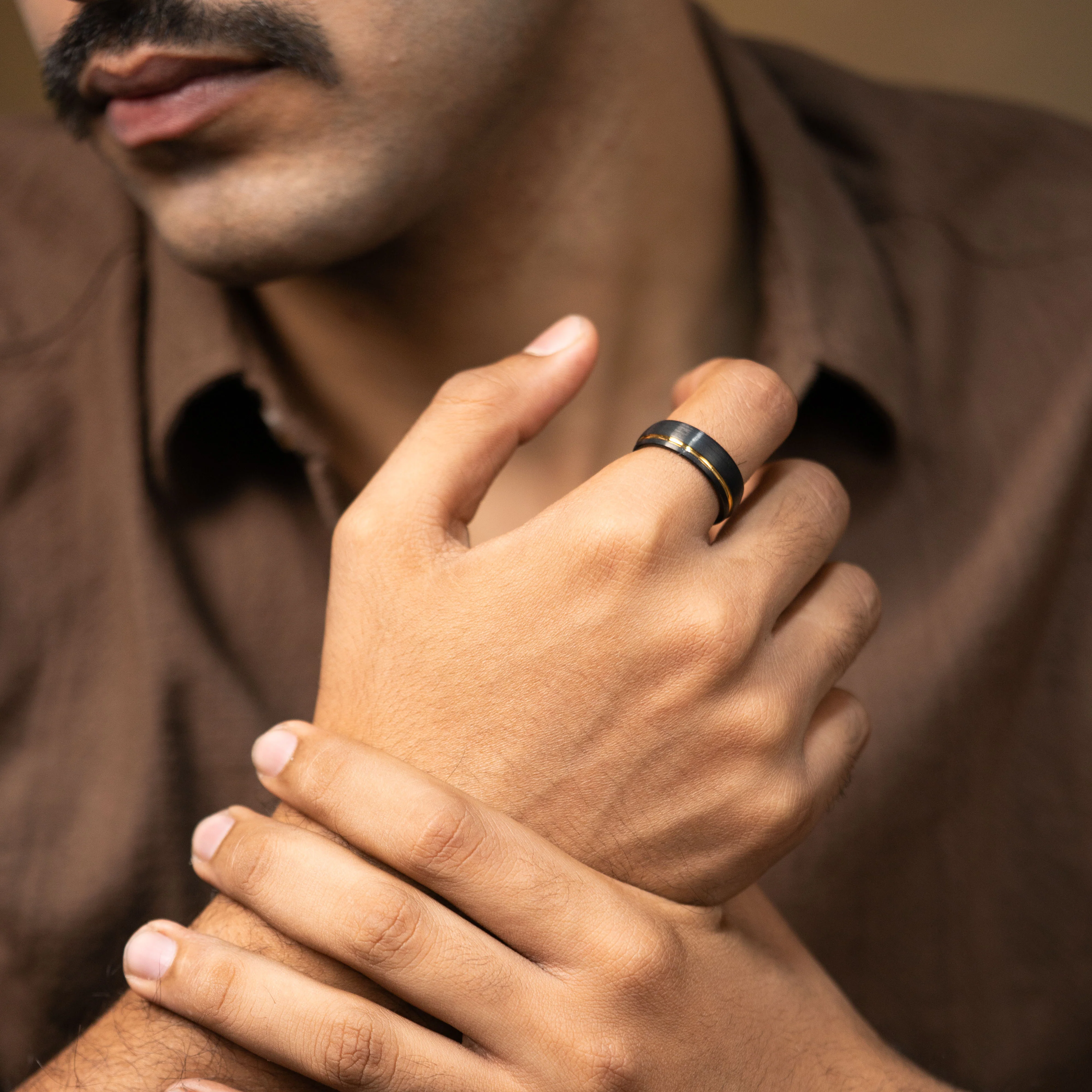 Gold Inlay Black Tungsten Carbide Band Ring - Image 2