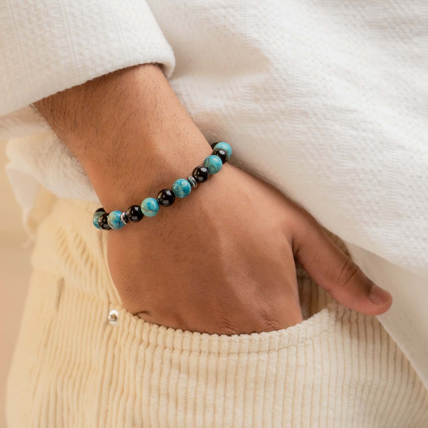 Harmonic African Turquoise & Black Obsidian Natural Stone Bracelet - Image 3