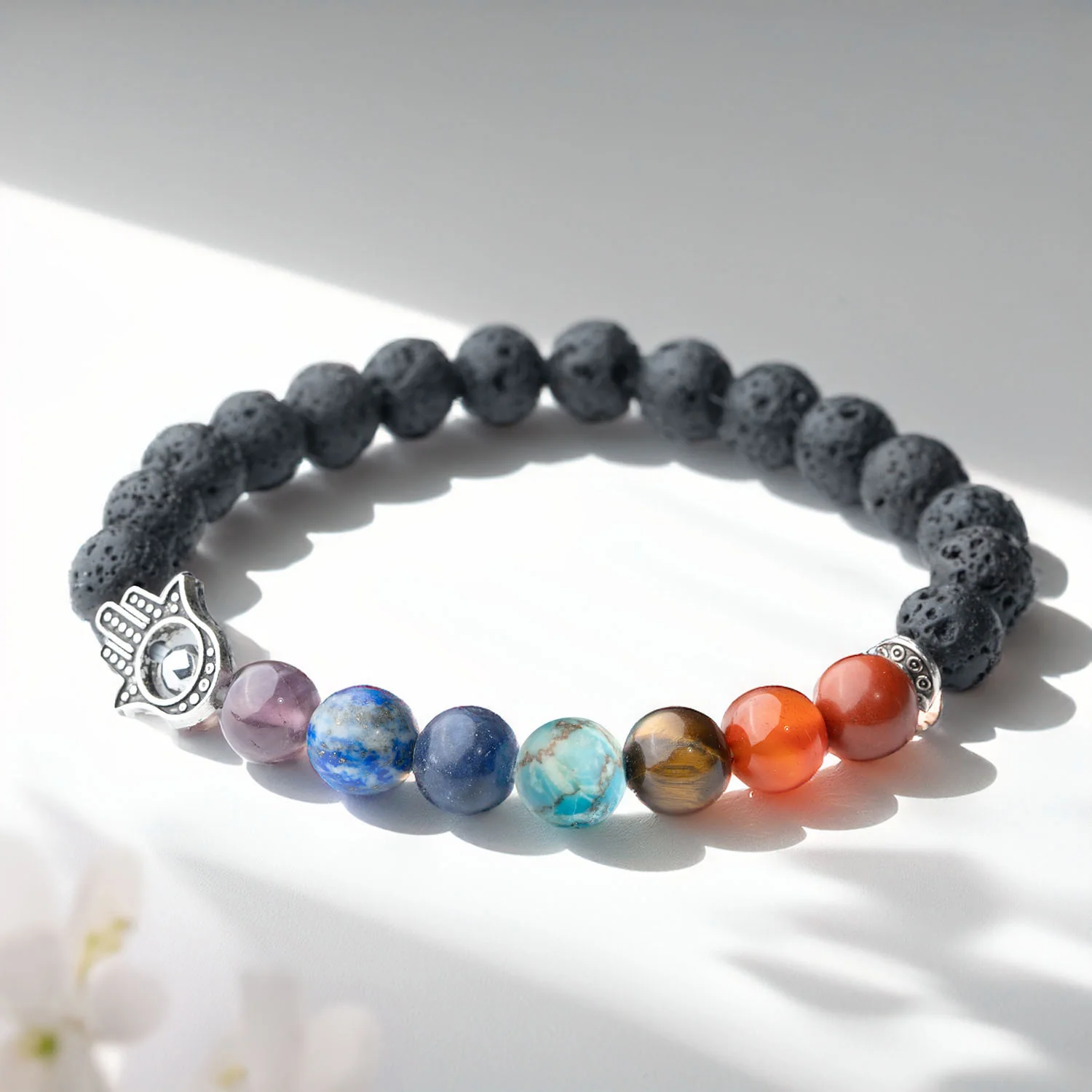Lava 7 Chakra Natural Stone Hamsa Bracelet - Image 11