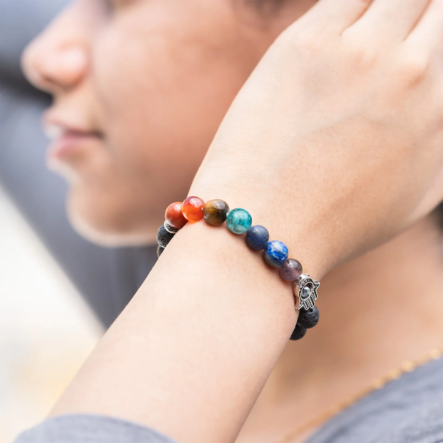 Lava 7 Chakra Natural Stone Hamsa Bracelet - Image 13