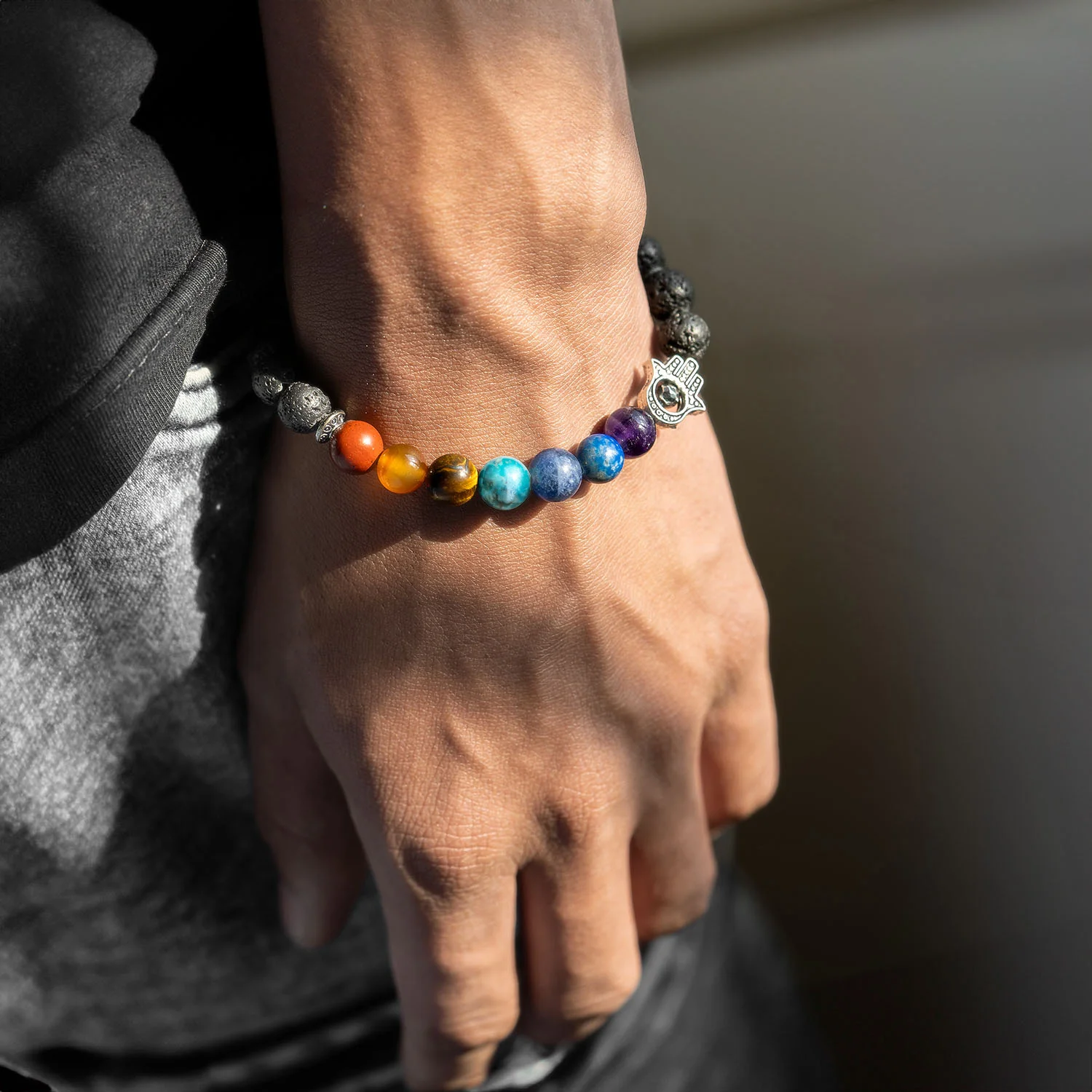 Lava 7 Chakra Natural Stone Hamsa Bracelet - Image 4