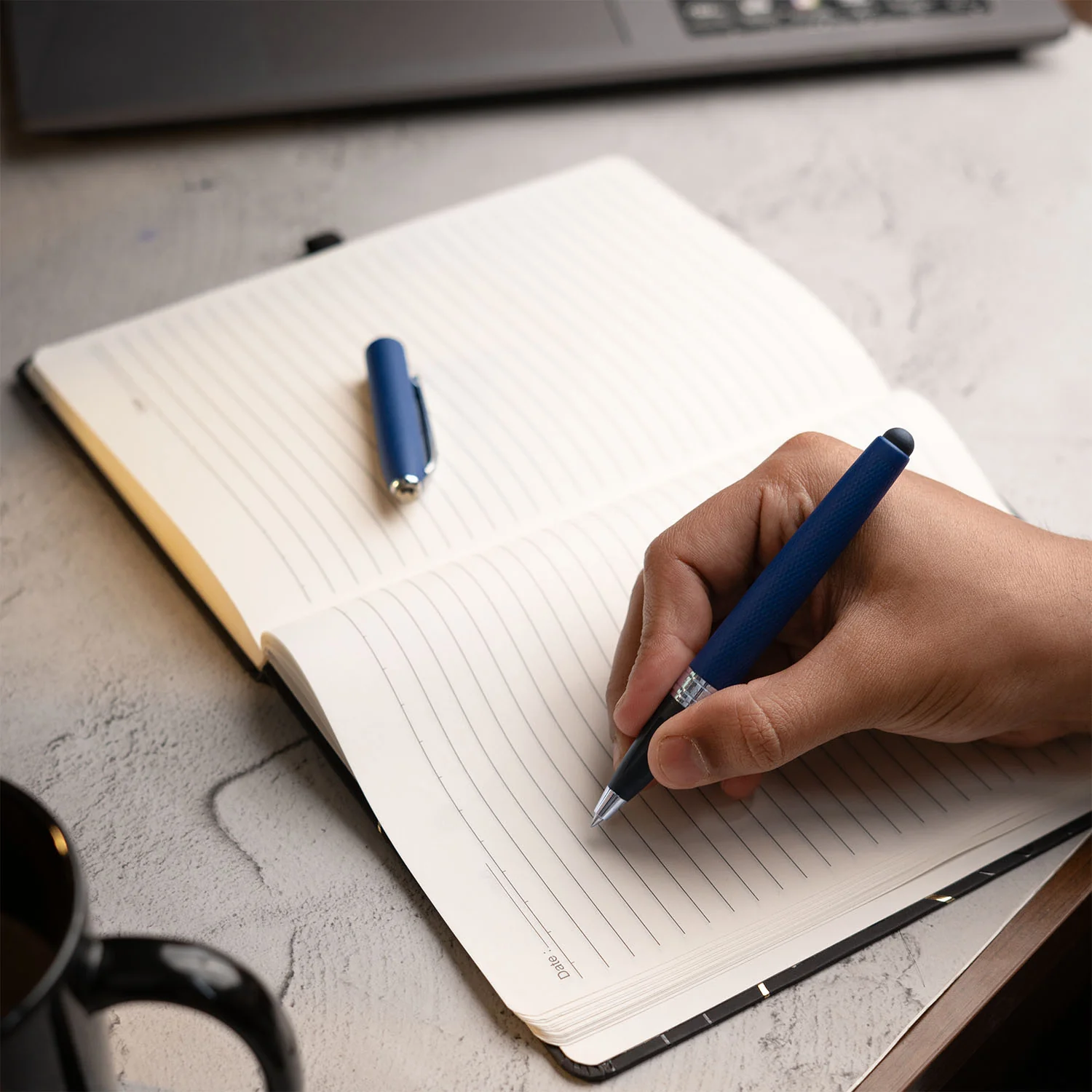 Matte Black Diary with Matte Blue Pyrite MagSnap Roller Ball Pen with Stylus - Image 2