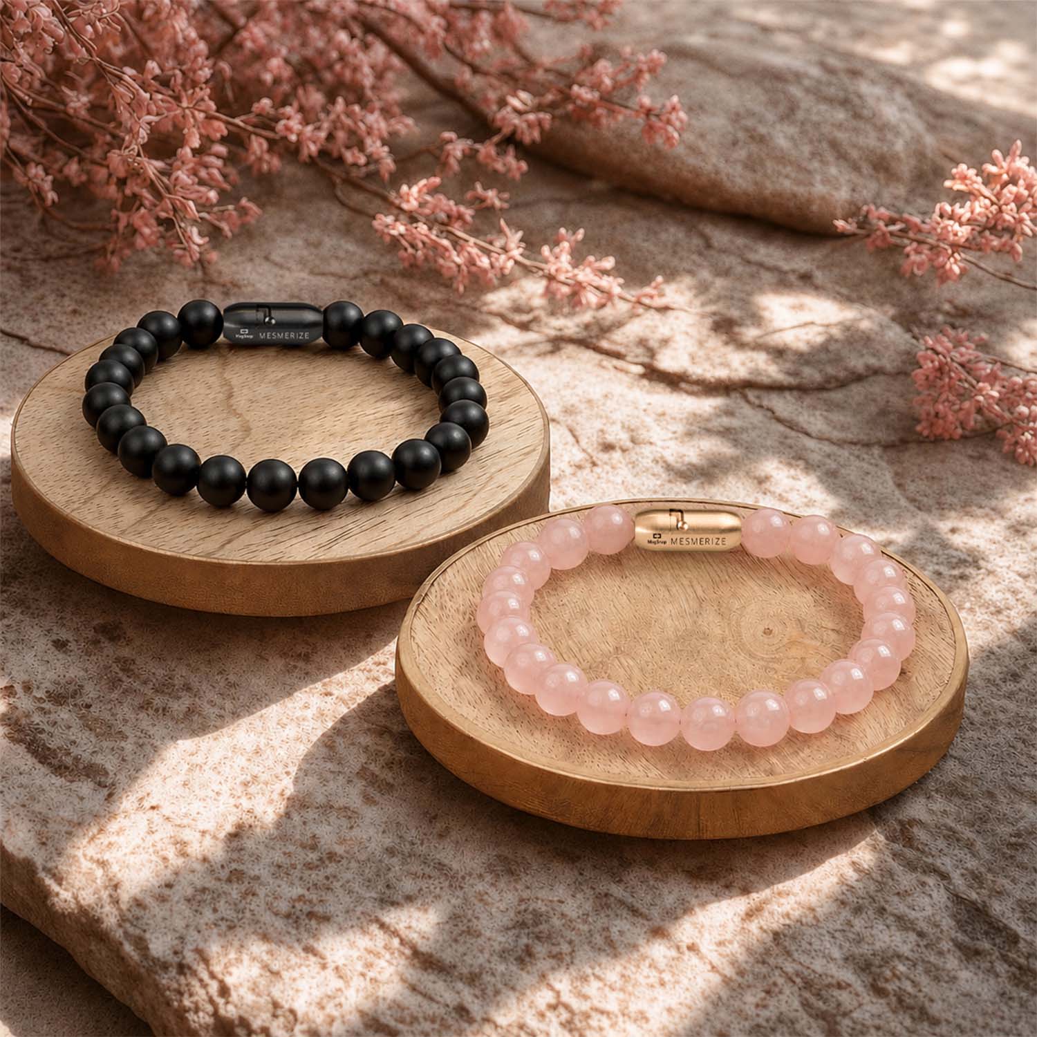 Onyx & Rose Quartz Natural Stone Couple Bracelet with Magsnap 4