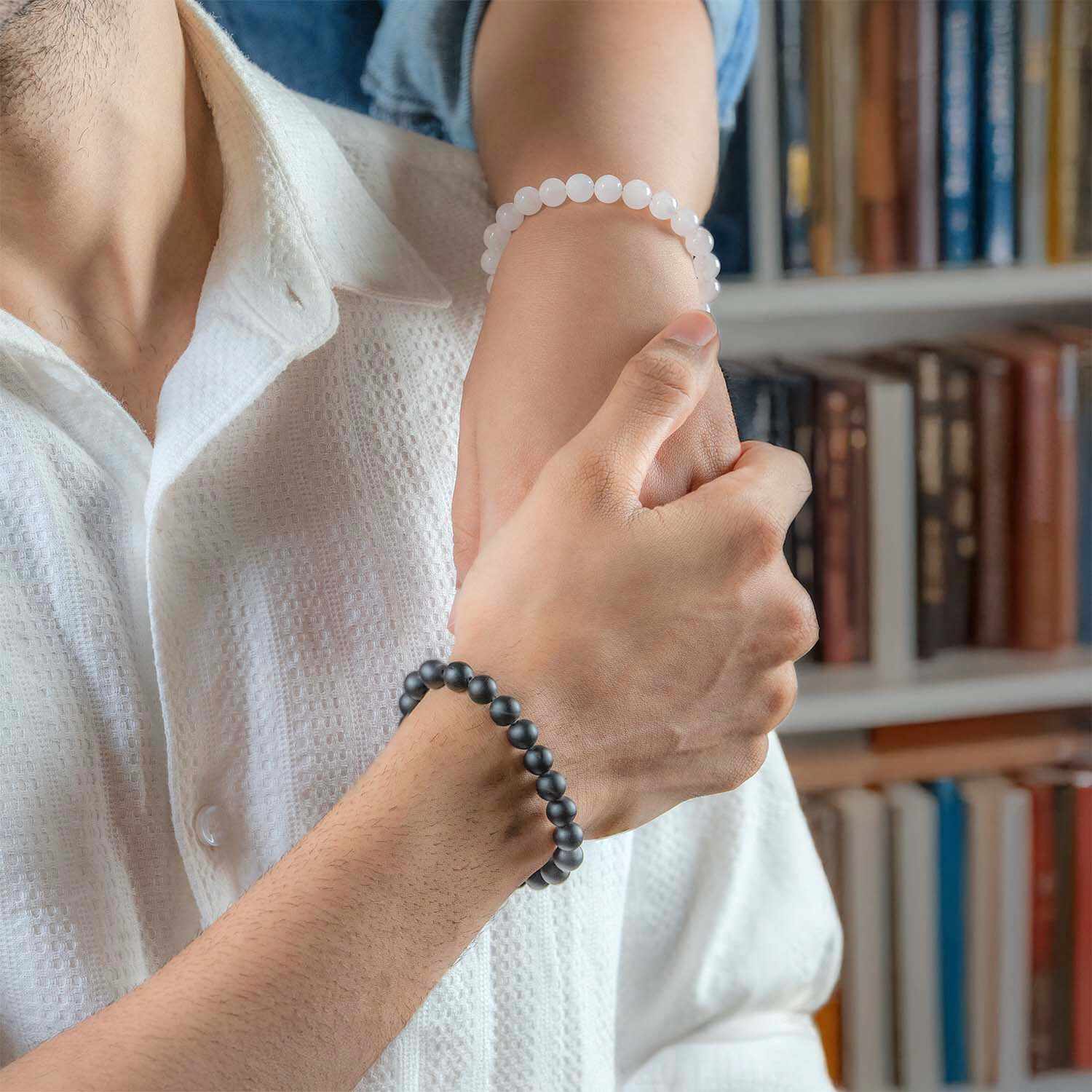 Onyx & Rose Quartz Natural Stone Couple Bracelet with Magsnap 4 - Image 3
