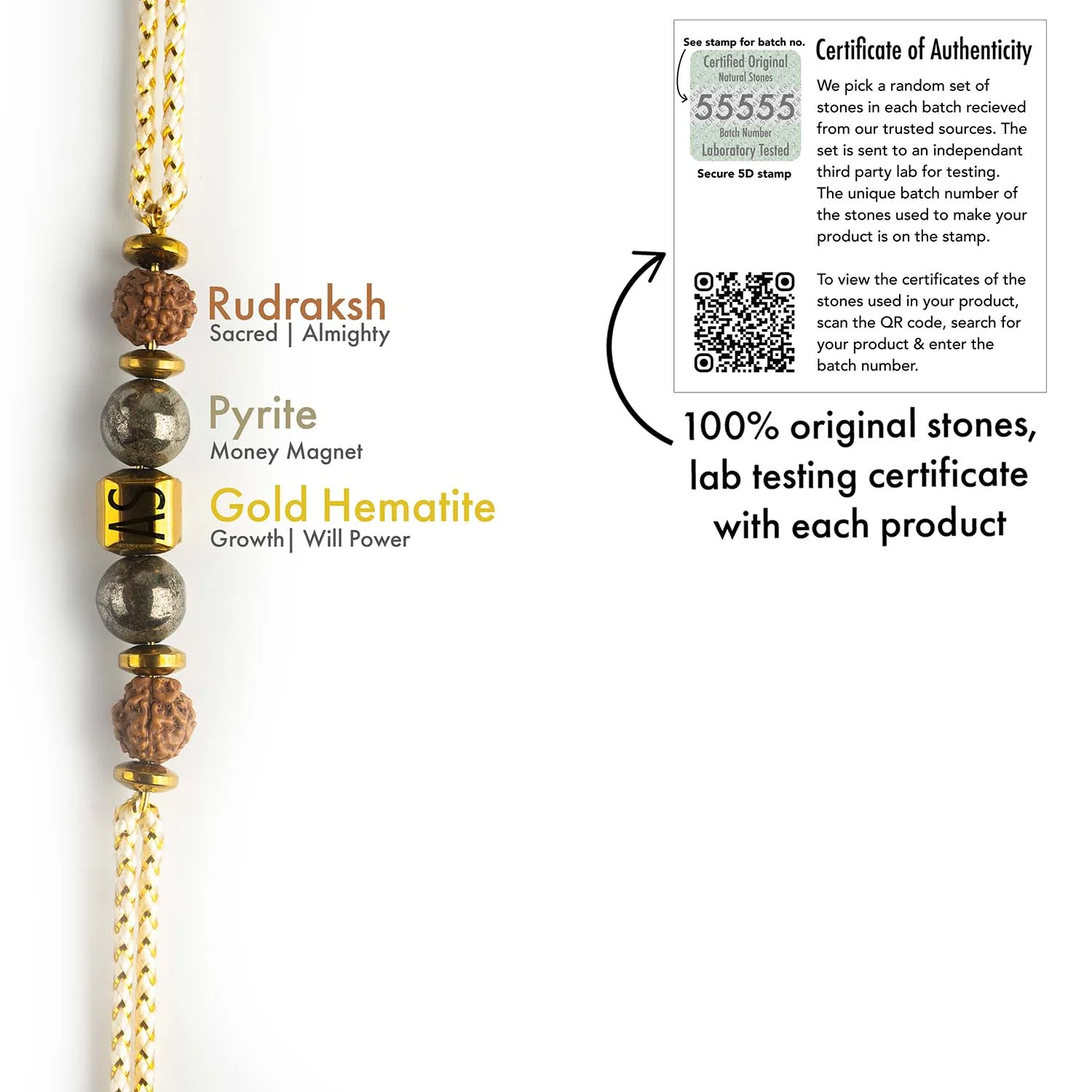 Personalised Prosperity Pyrite Rudraksh Natural Stone Rakhi - Image 3