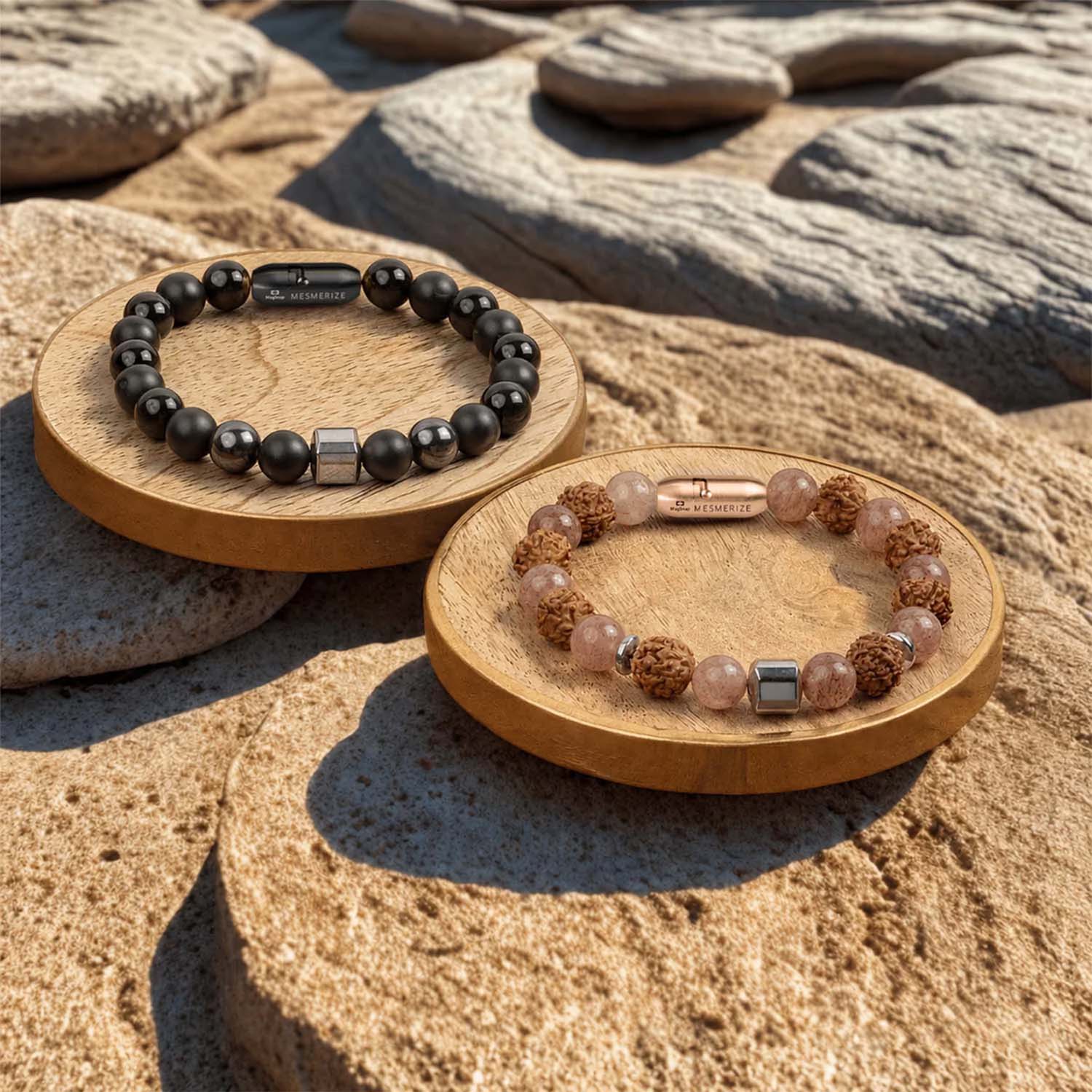 Personalised Serenity Strawberry Quartz & Stealth Gloss Onyx Natural Stone Couple Bracelets with Magsnap 4 - Image 10