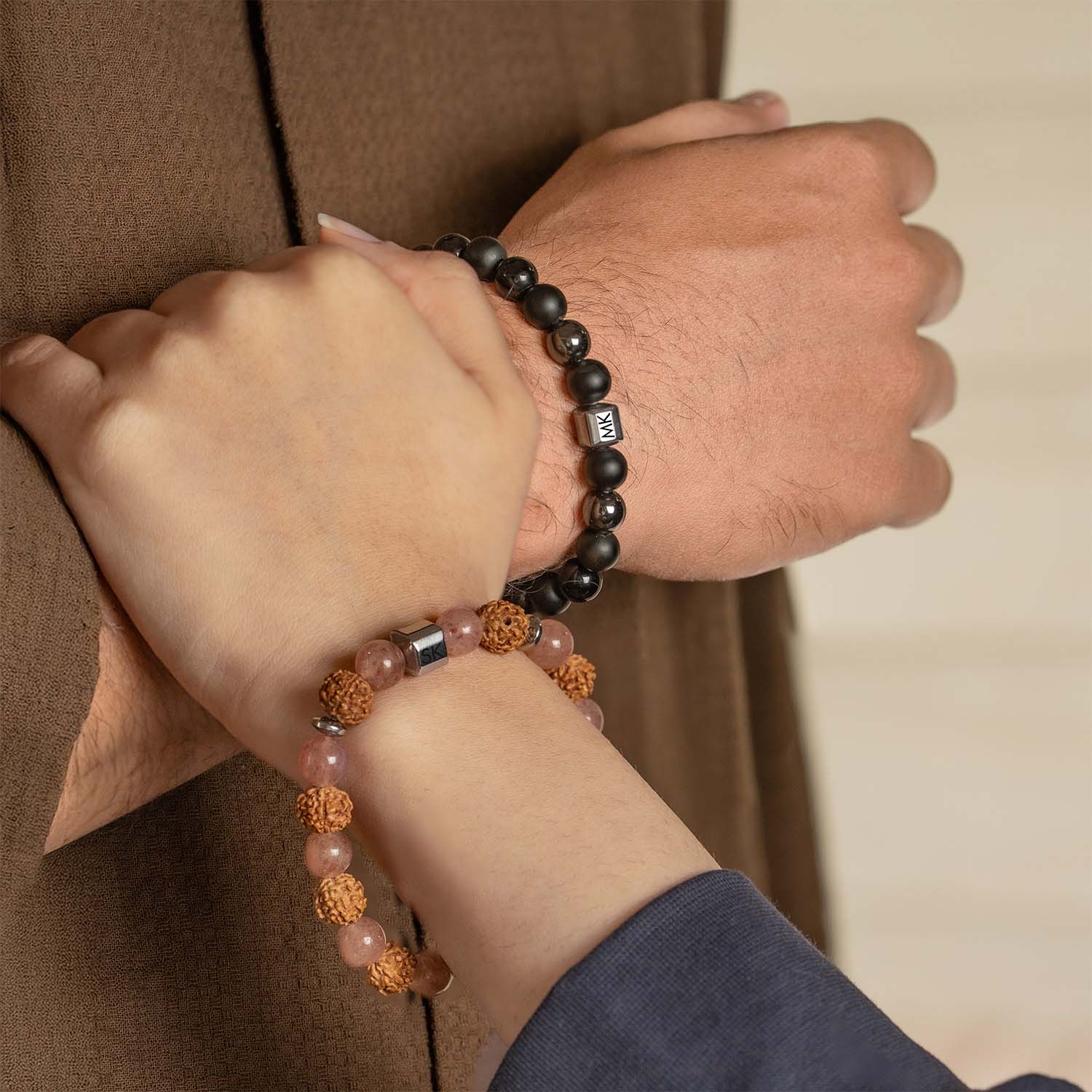 Personalised Serenity Strawberry Quartz & Stealth Gloss Onyx Natural Stone Couple Bracelets with Magsnap 4 - Image 2