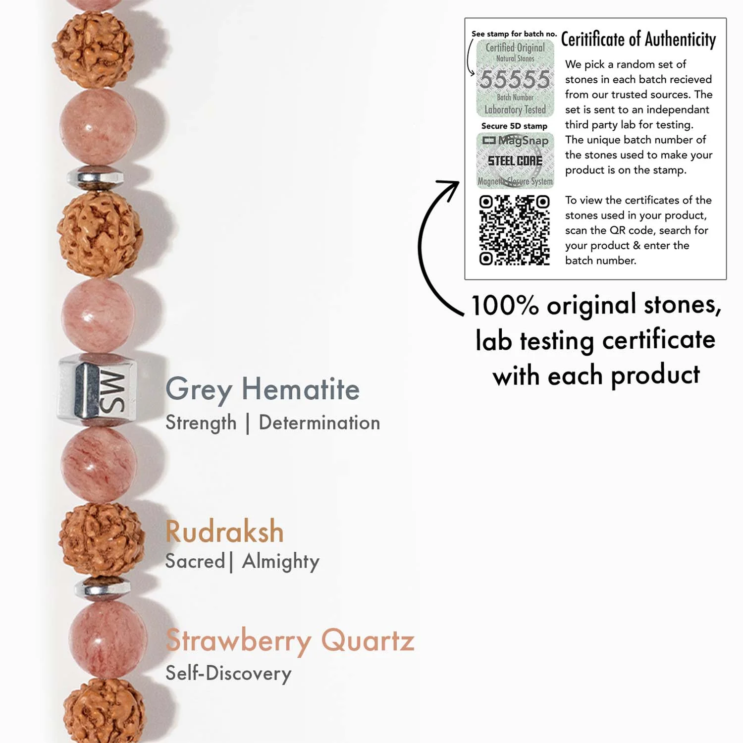 Personalised Serenity Strawberry Quartz & Stealth Gloss Onyx Natural Stone Couple Bracelets with Magsnap 4 - Image 4