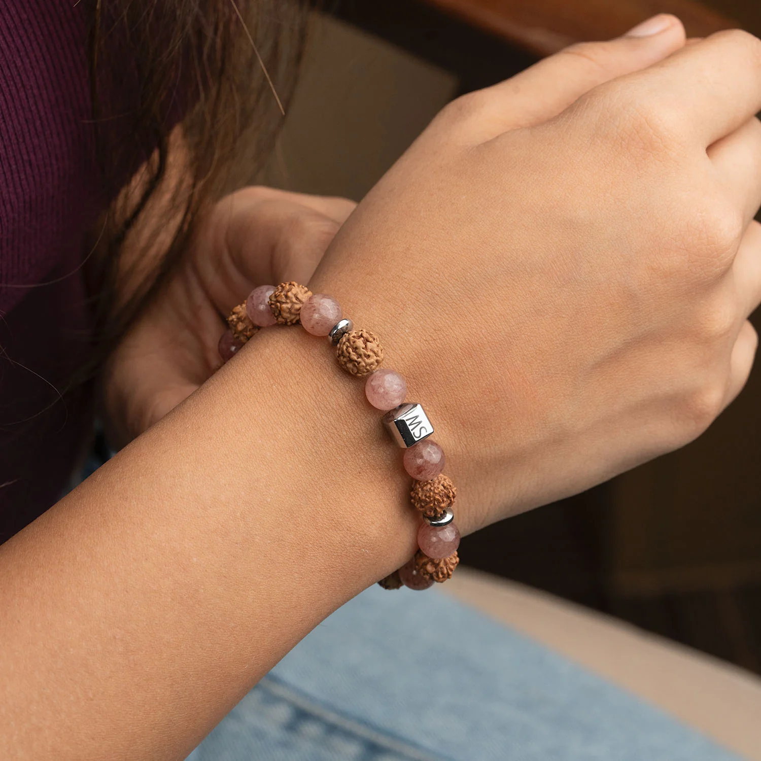 Personalised Serenity Strawberry Quartz & Rudraksh Natural Stone Bracelet - Image 21