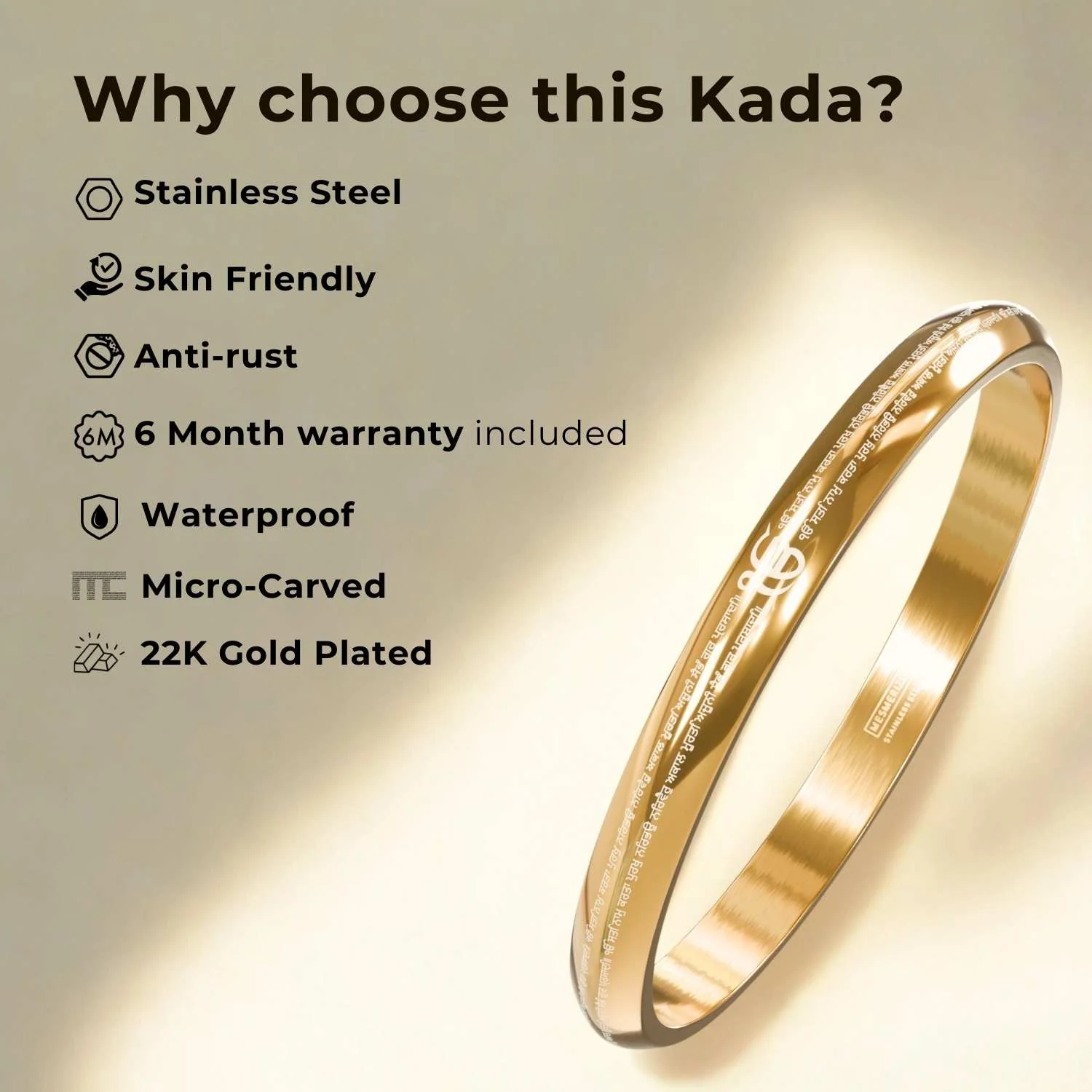 Waheguru Ji Da Khalsa MicroCarved Punjabi Curved Kada - Image 4