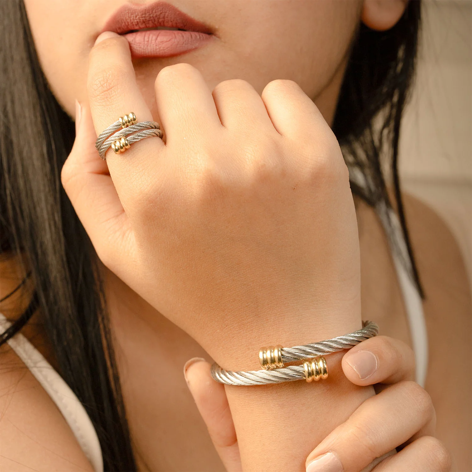 Twisted Cable Adjustable Bracelet and Ring Combo - Image 2