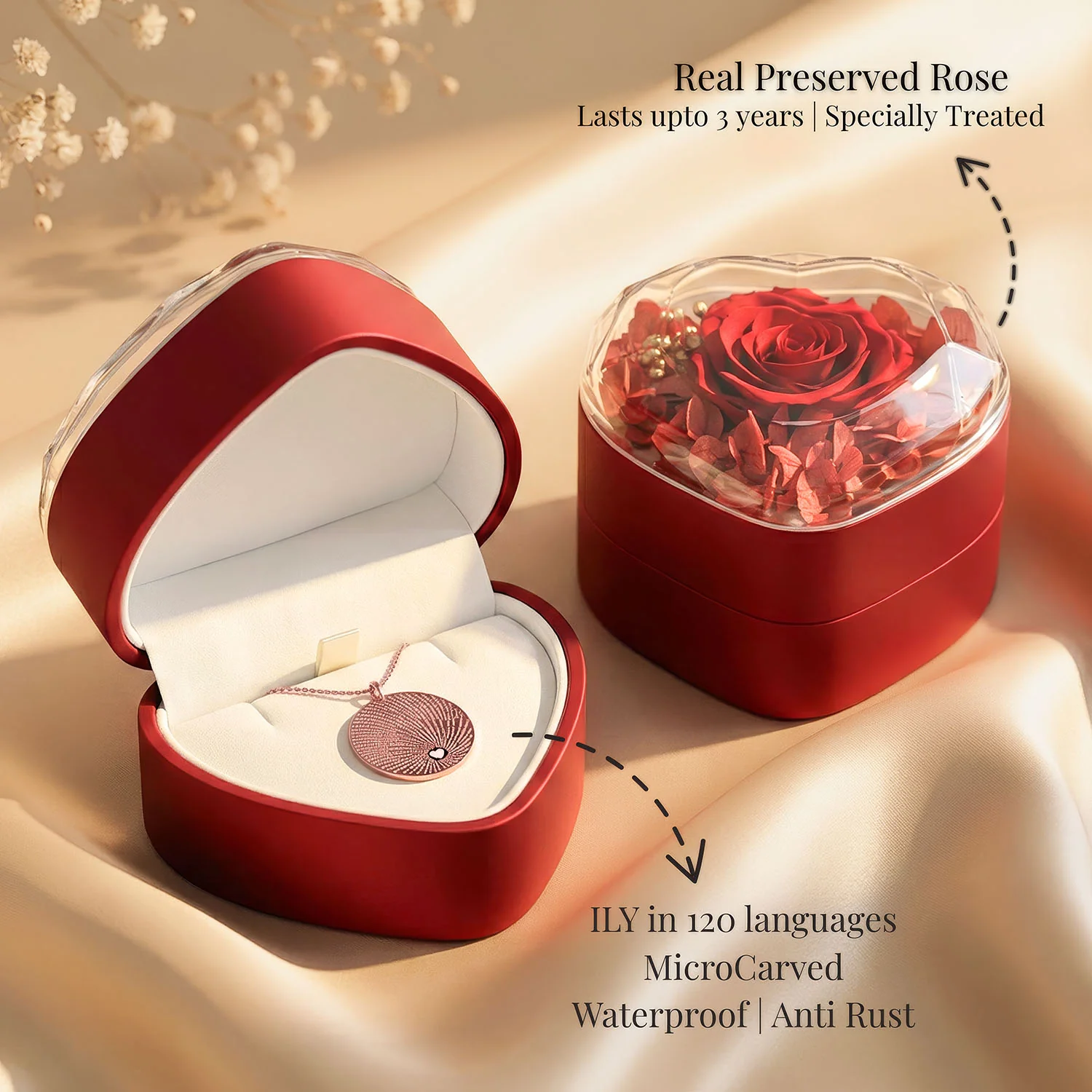 Valentine's Heart Shaped Preserved Rose Jewellery Box With Necklaces - Image 17