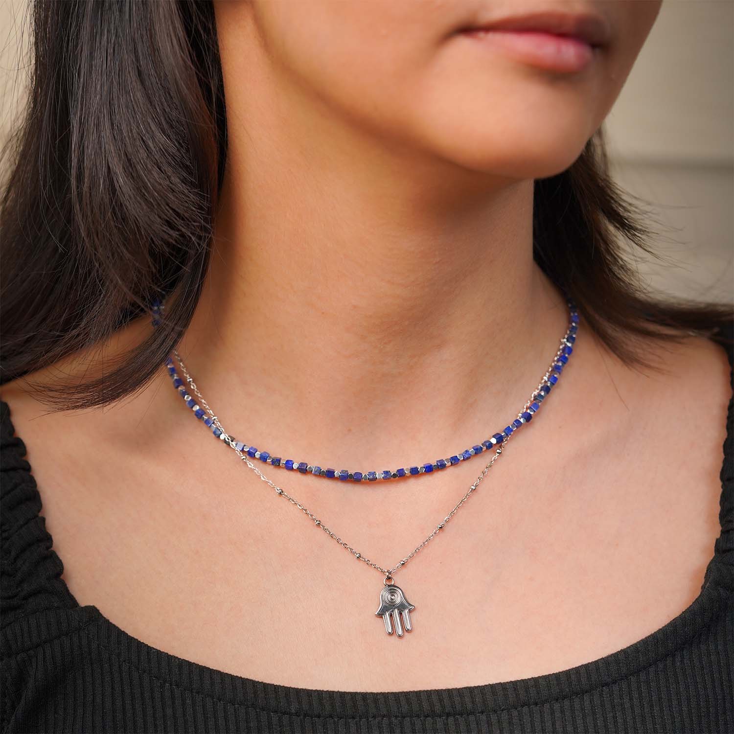 Zaria Layered Silver Necklace with Lapis Lazuli Beads - Image 2